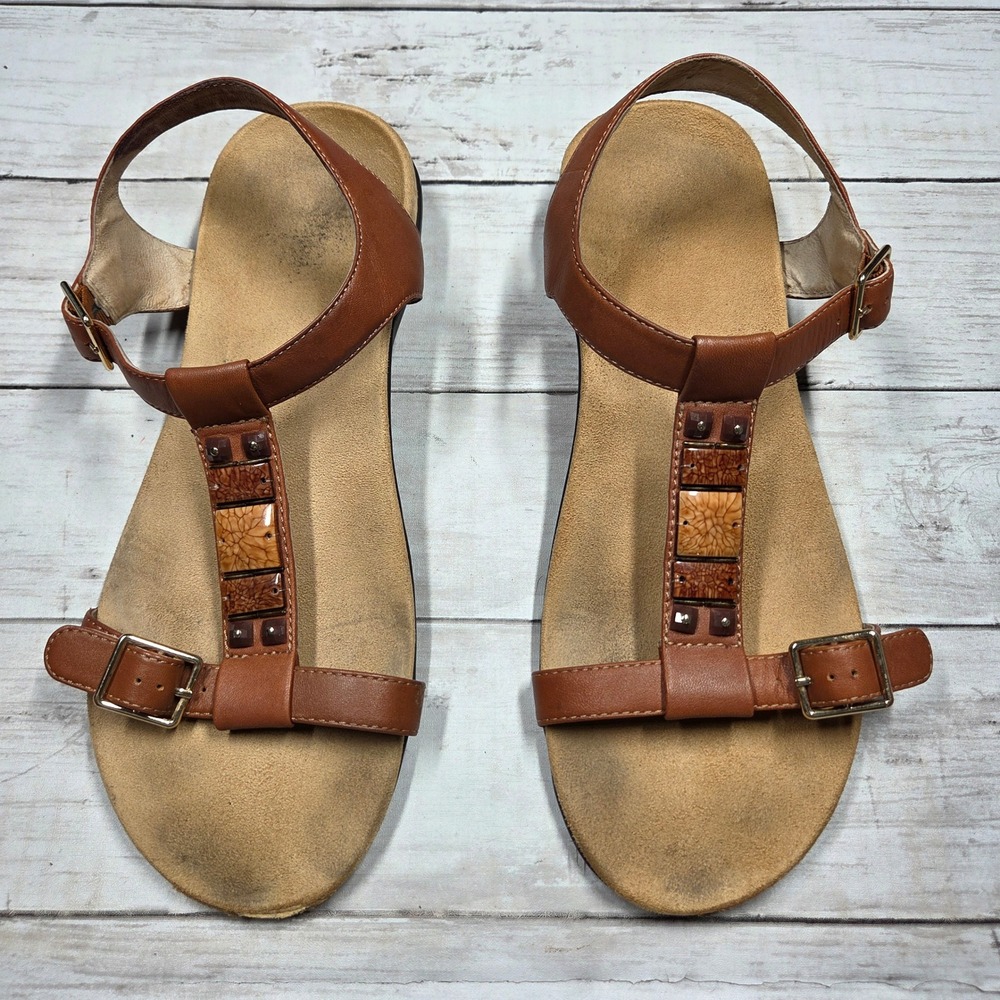 Vionic Lennox T-Strap Sandals‎ Boho Beaded Tan Leather Womens 10 Brown TVW4617